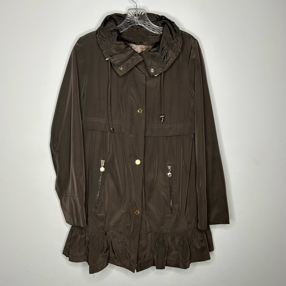 Betsey Johnson Brown Ruffle Edge Coat Size XS *missing hood button - Picture 2 of 16